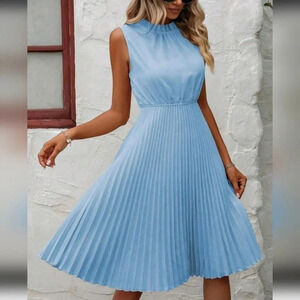 Frill Neck Pleated Hem A-line Dress